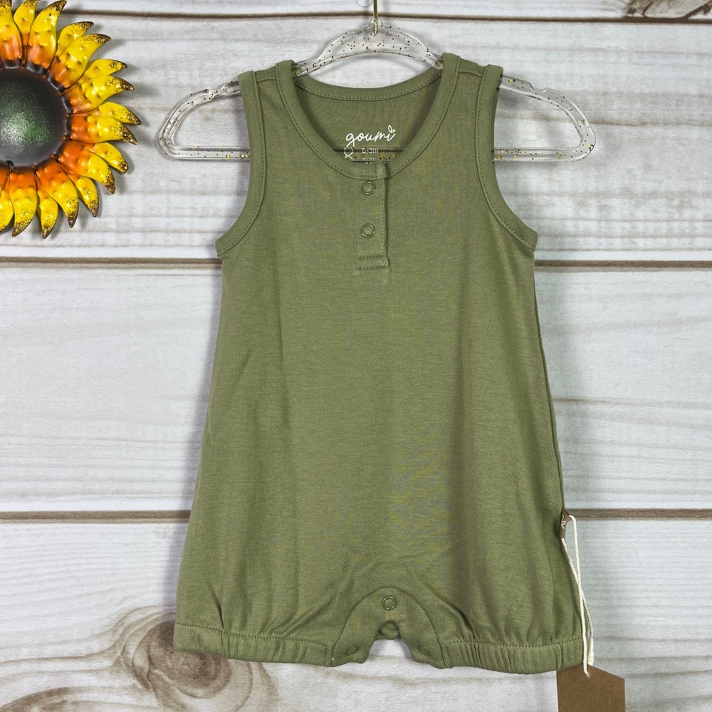 Goumi Kids Olive Green‎ Bamboo Organic Cotton Sleeveless Henley Romper 0-3M NWT